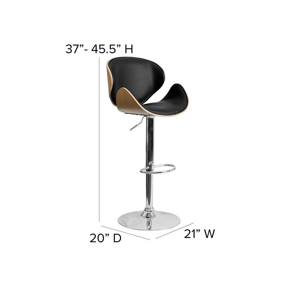 Beech Bentwood Adjustable Height Barstool with Curved Back and Black Vinyl Seat