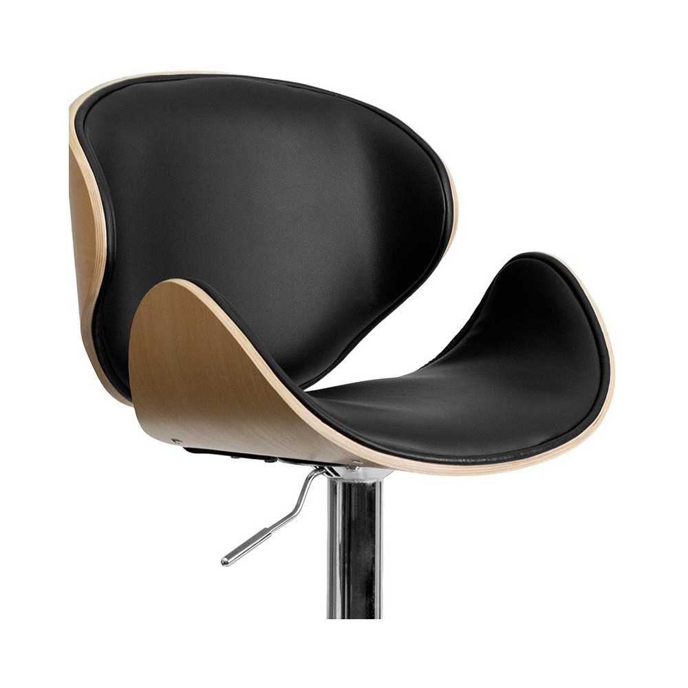 Beech Bentwood Adjustable Height Barstool with Curved Back and Black Vinyl Seat