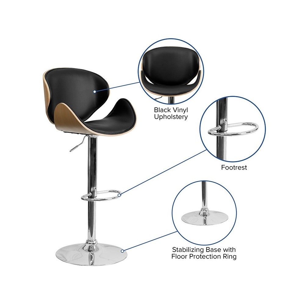 Beech Bentwood Adjustable Height Barstool with Curved Back and Black Vinyl Seat