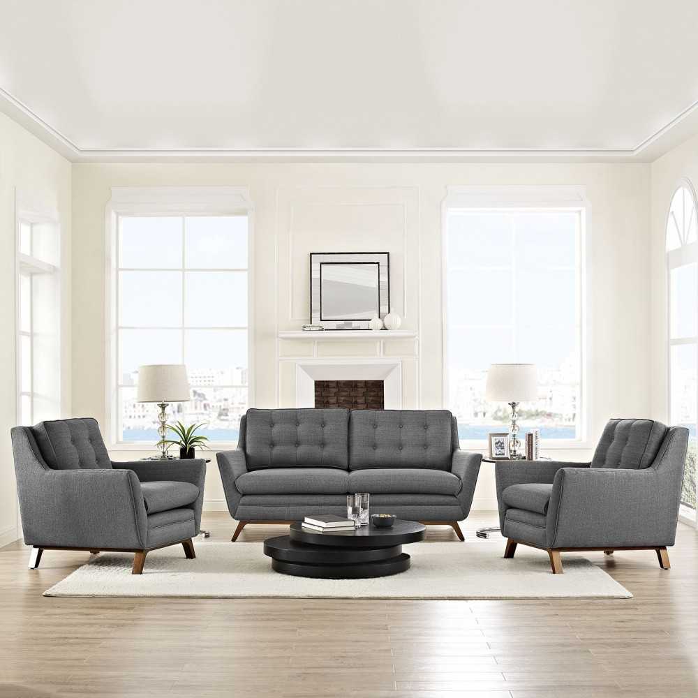 Beguile 3 Piece Upholstered Fabric Living Room Set, Gray, EEI-2141-DOR-SET