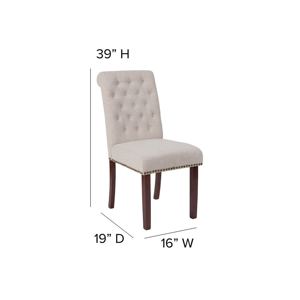 Beige Fabric Parsons Chair with Rolled Back, Accent Nail Trim and Walnut Finish
