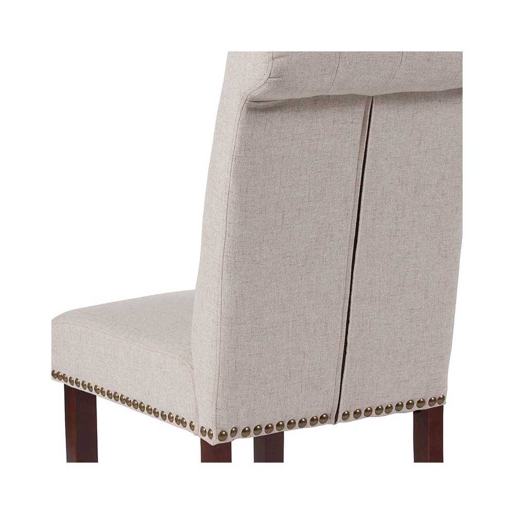 Beige Fabric Parsons Chair with Rolled Back, Accent Nail Trim and Walnut Finish