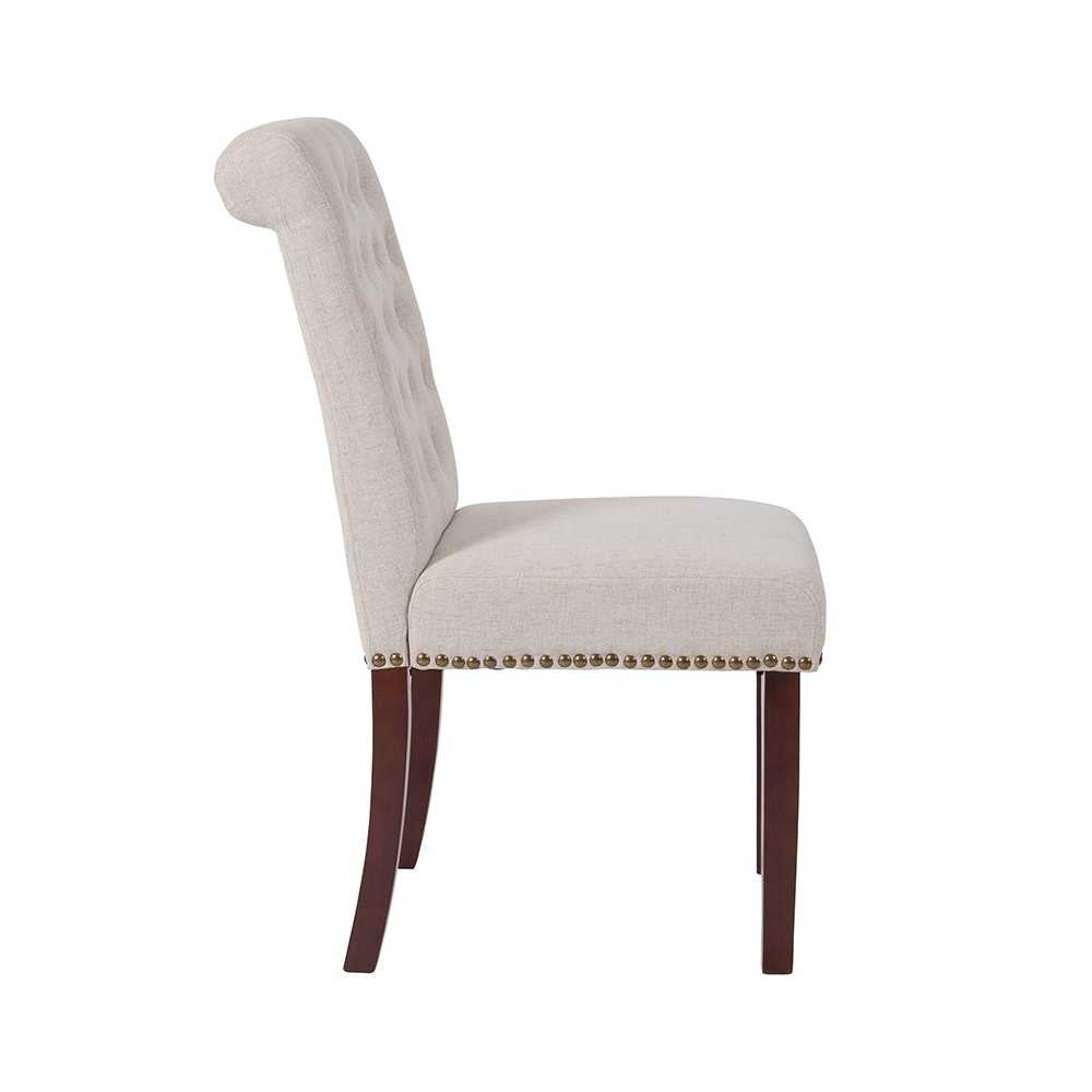Beige Fabric Parsons Chair with Rolled Back, Accent Nail Trim and Walnut Finish