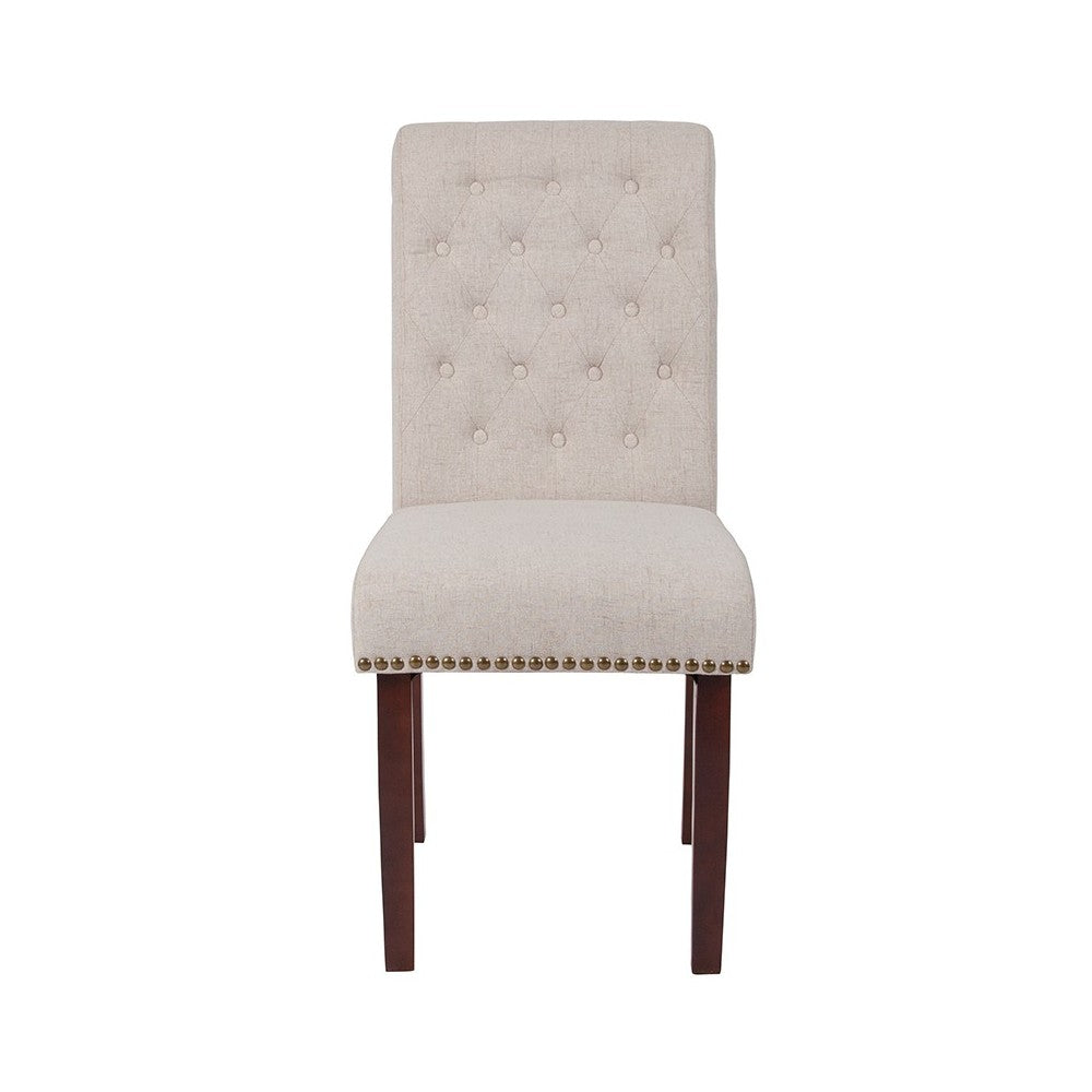 Beige Fabric Parsons Chair with Rolled Back, Accent Nail Trim and Walnut Finish