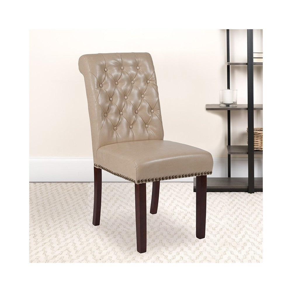 Beige LeatherSoft Parsons Chair with Rolled Back, Accent Nail Trim and Walnut Finish