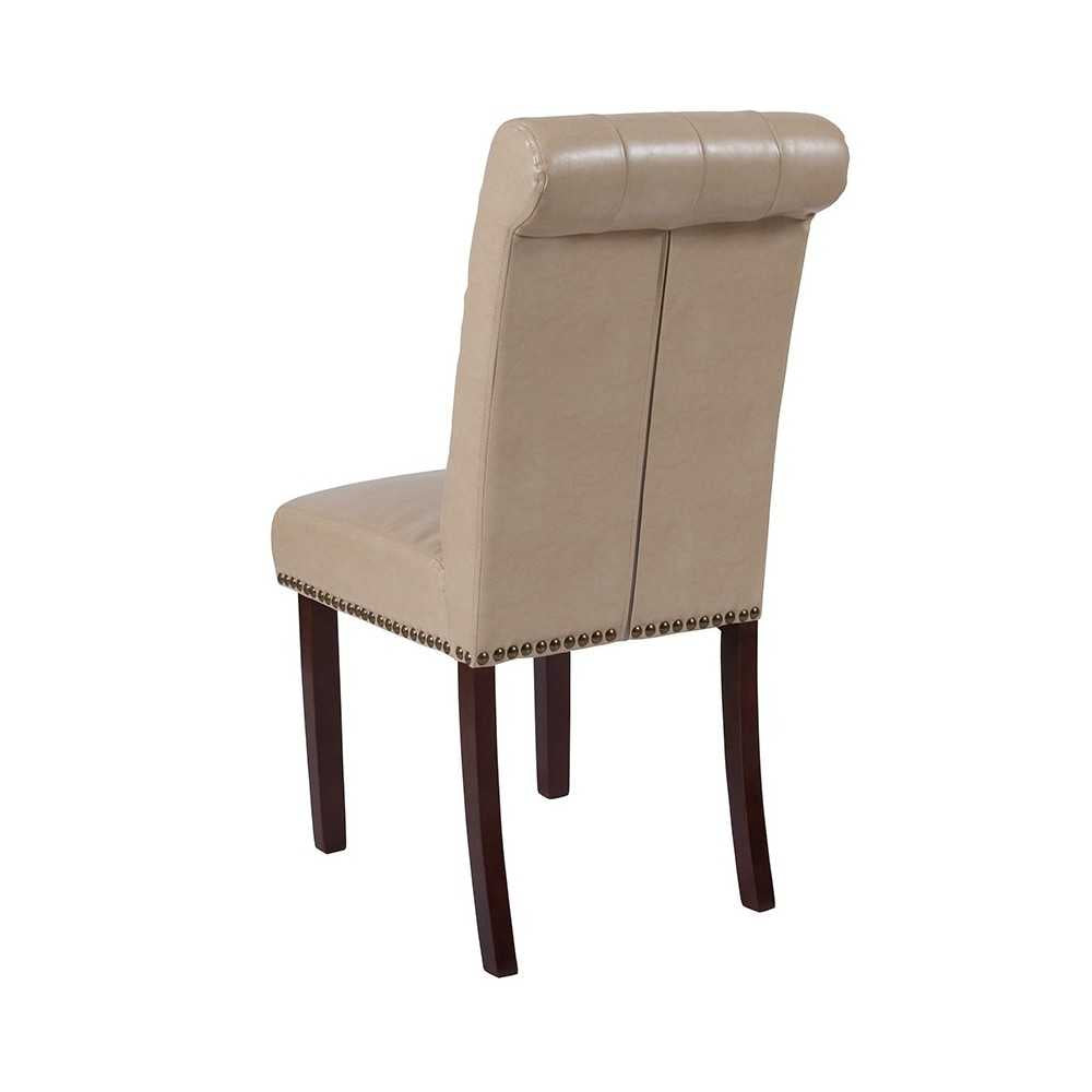 Beige LeatherSoft Parsons Chair with Rolled Back, Accent Nail Trim and Walnut Finish