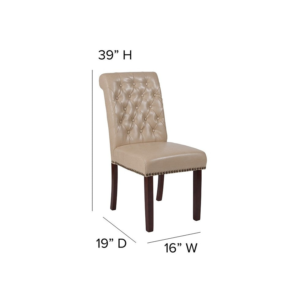 Beige LeatherSoft Parsons Chair with Rolled Back, Accent Nail Trim and Walnut Finish