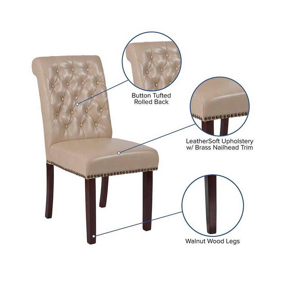 Beige LeatherSoft Parsons Chair with Rolled Back, Accent Nail Trim and Walnut Finish