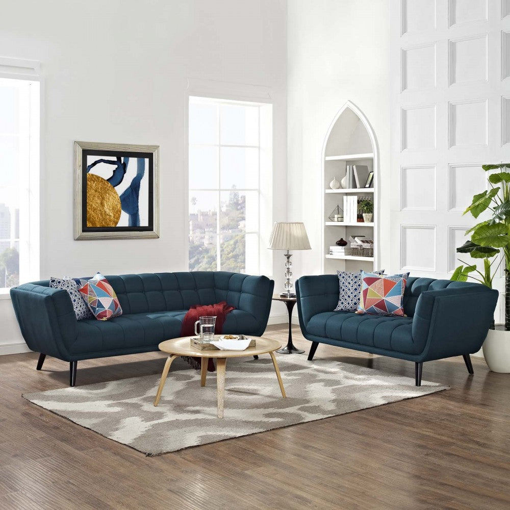 Bestow 2 Piece Upholstered Fabric Sofa and Loveseat Set, Blue