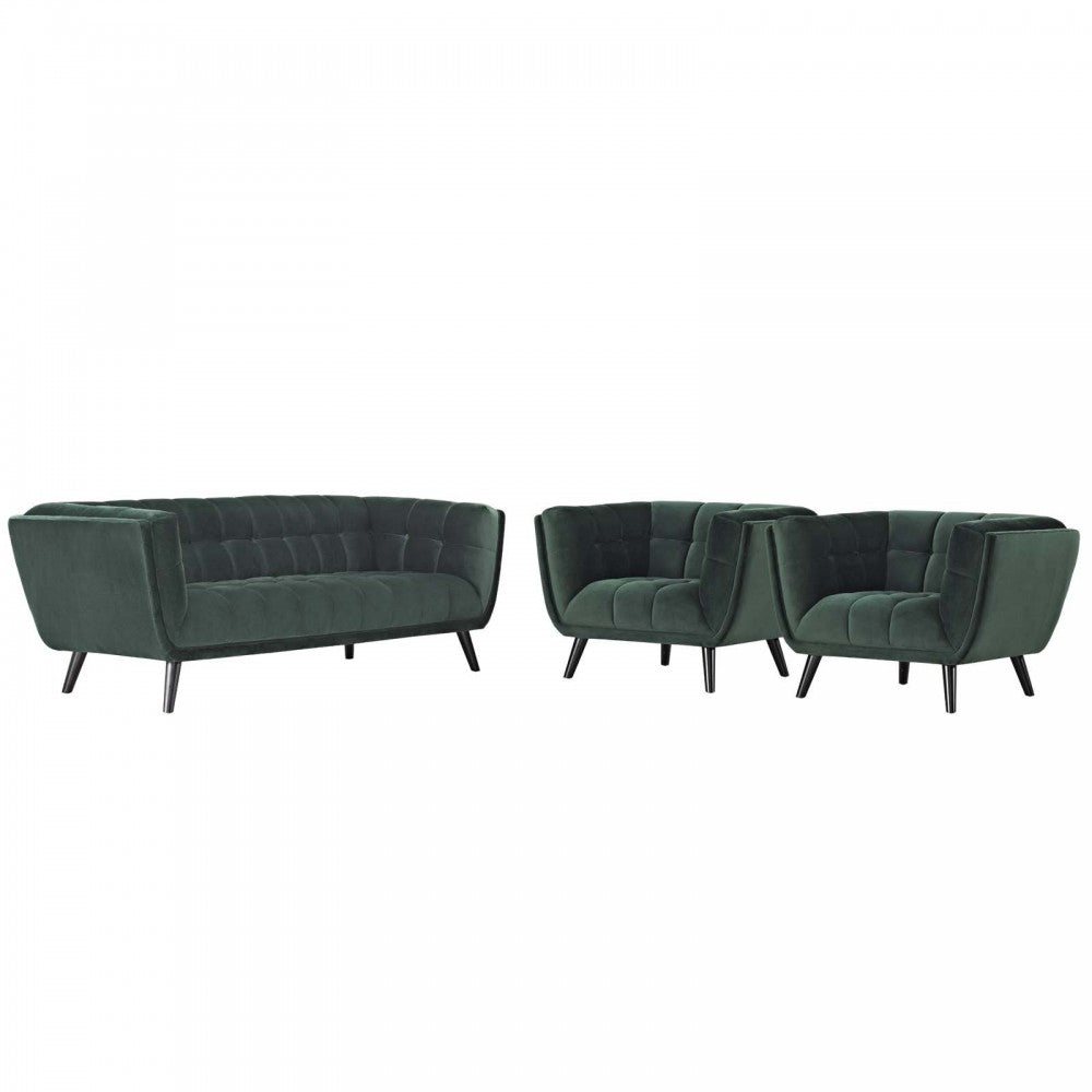 Bestow 3 Piece Performance Velvet Sofa and Armchair Set, Green