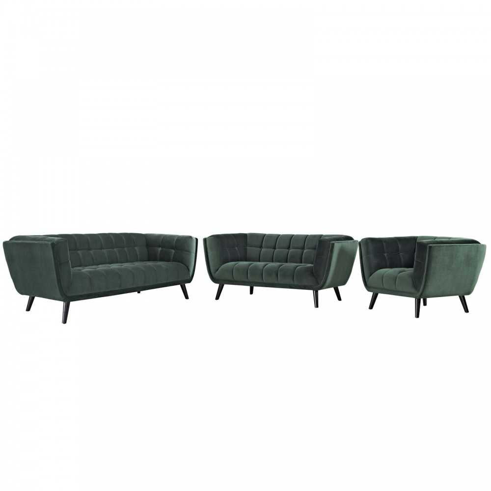 Bestow 3 Piece Performance Velvet Sofa Loveseat and Armchair Set, Green