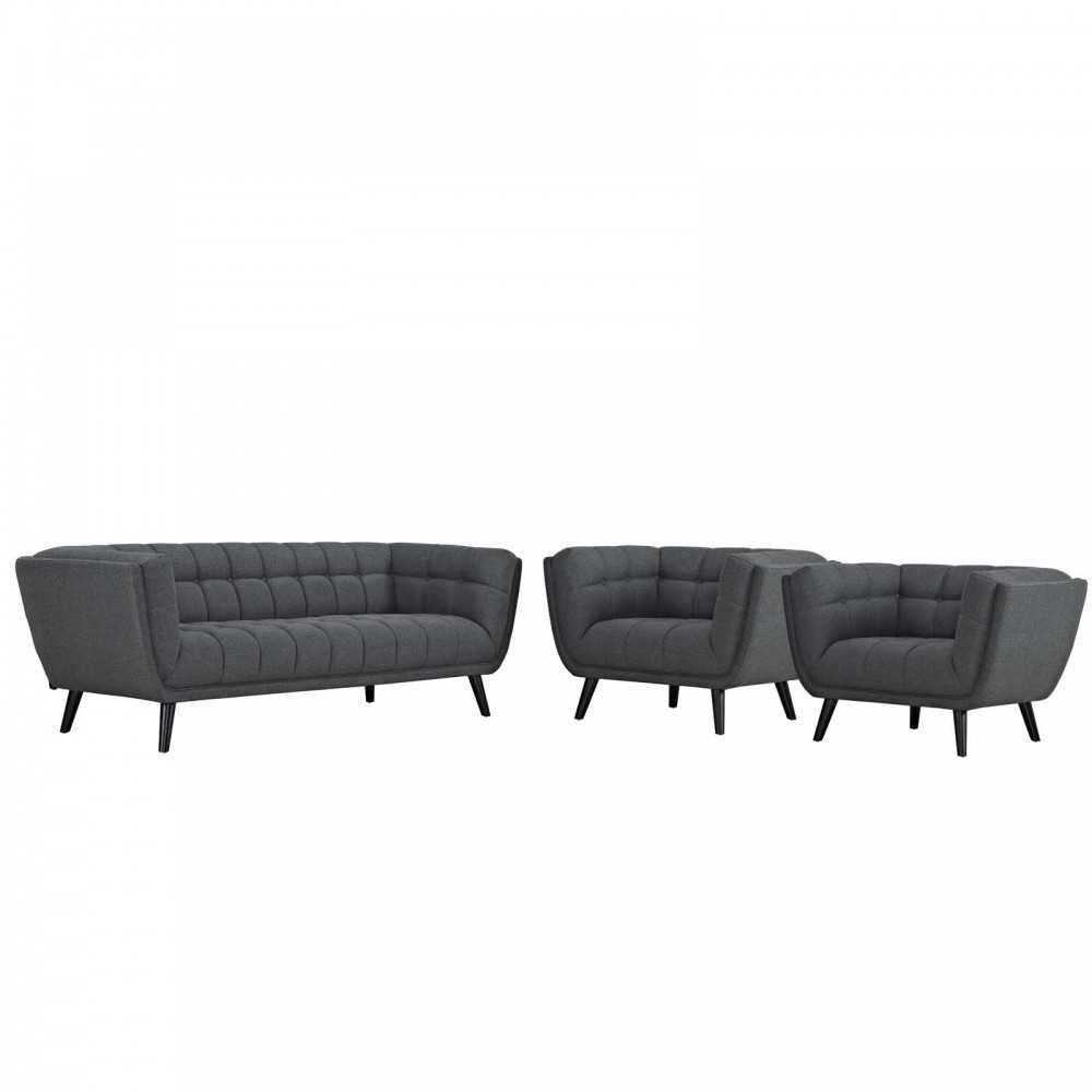 Bestow 3 Piece Upholstered Fabric Sofa and Armchair Set, Gray