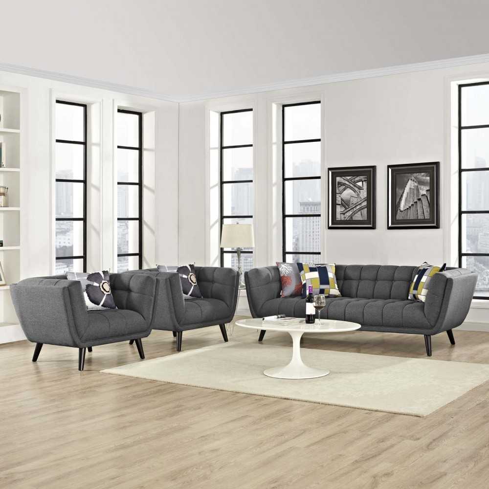 Bestow 3 Piece Upholstered Fabric Sofa and Armchair Set, Gray