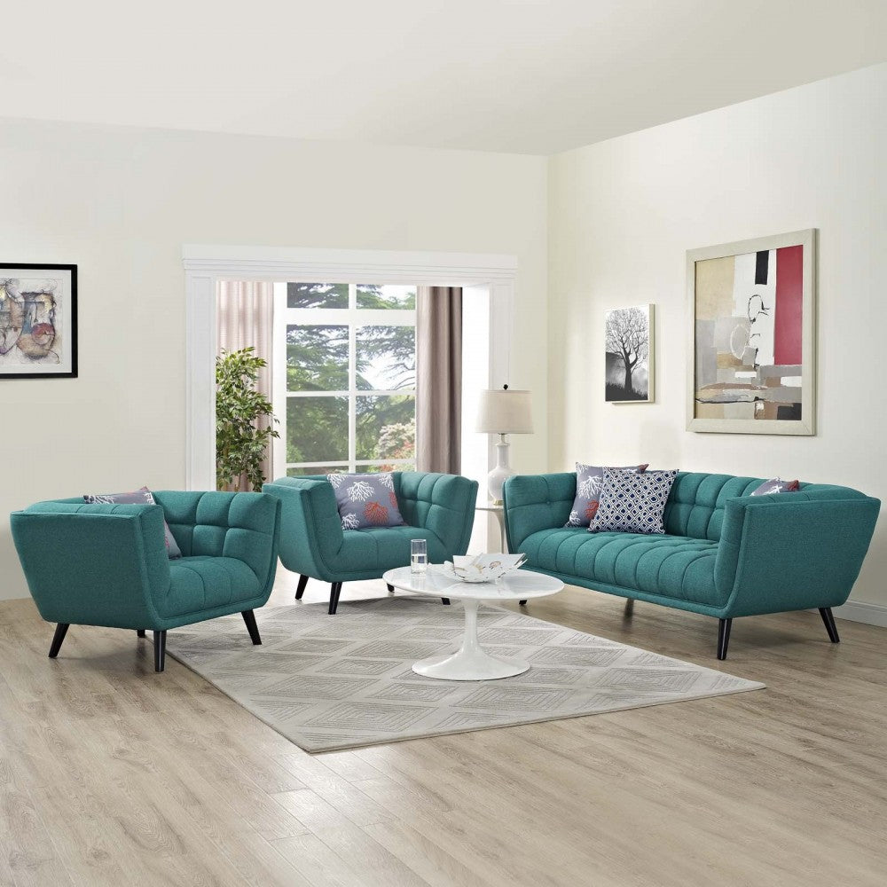 Bestow 3 Piece Upholstered Fabric Sofa and Armchair Set, Teal