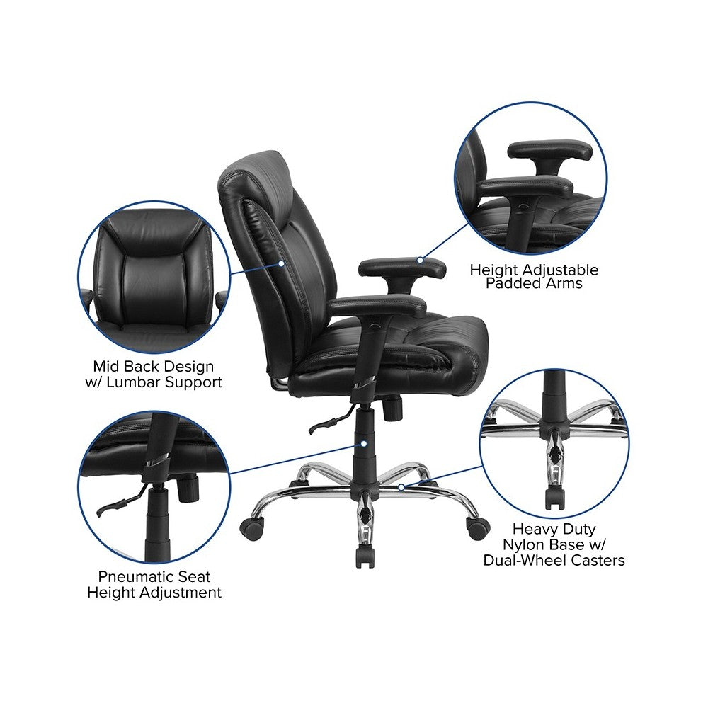 Big & Tall 400 lb. Rated Black LeatherSoft Deep Tufted Ergonomic Task Office Chair with Adjustable Arms