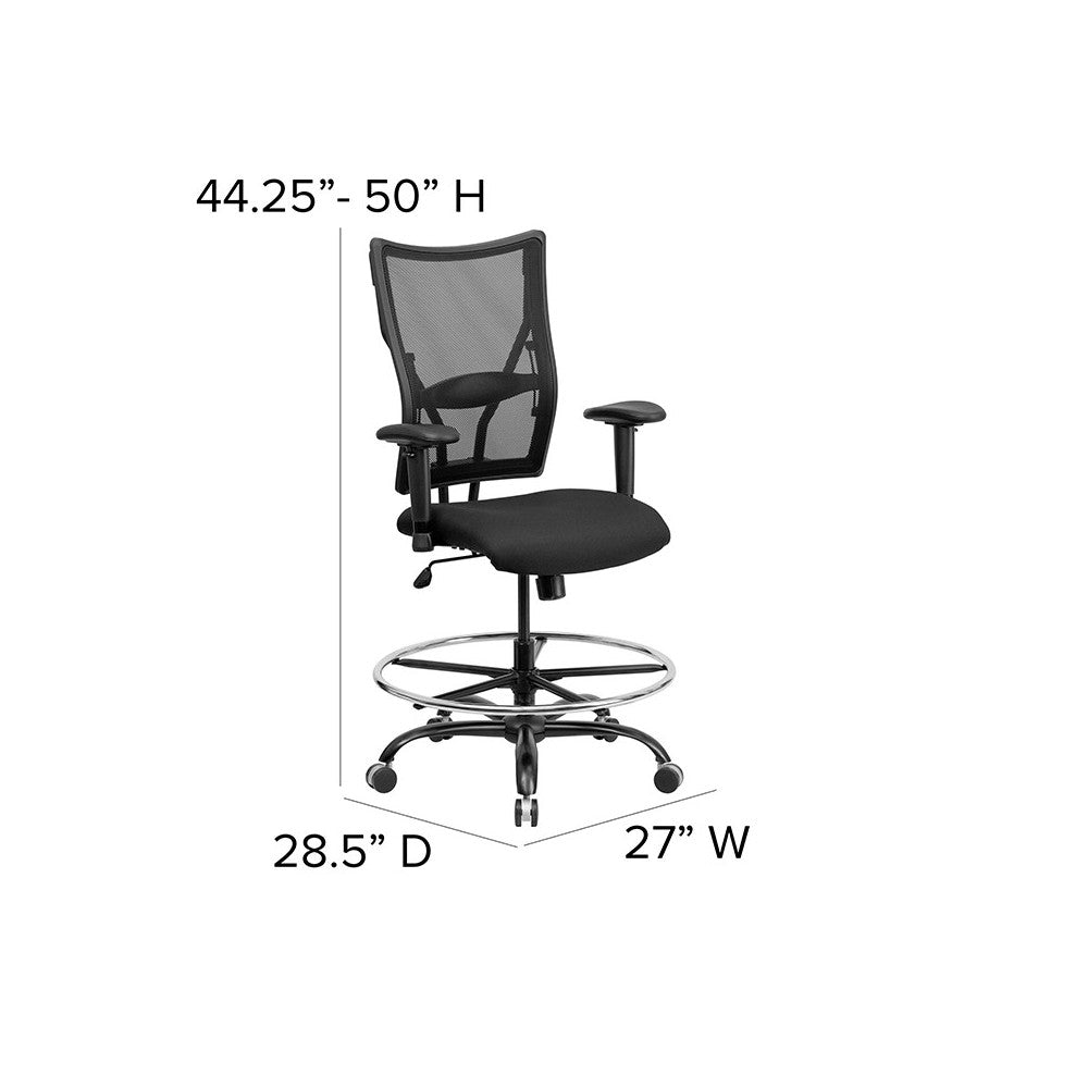 Big & Tall 400 lb. Rated Black Mesh Ergonomic Drafting Chair with Adjustable Arms