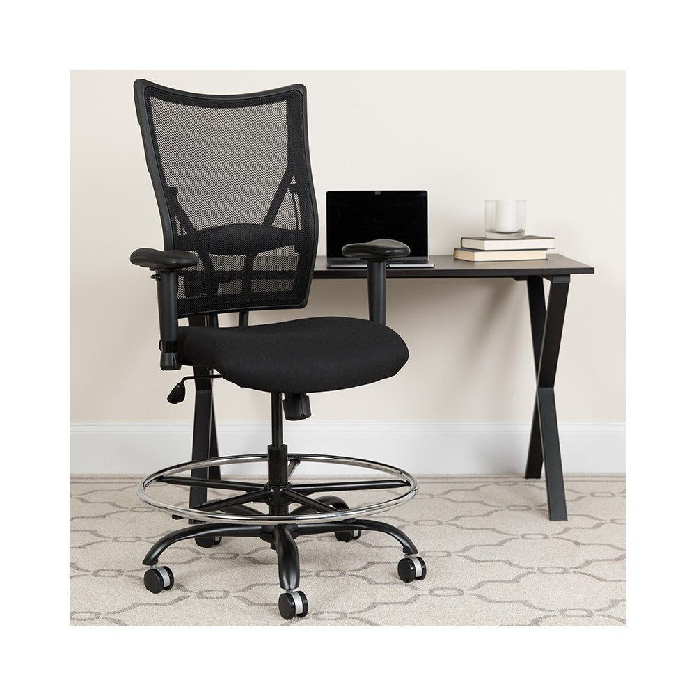 Big & Tall 400 lb. Rated Black Mesh Ergonomic Drafting Chair with Adjustable Arms