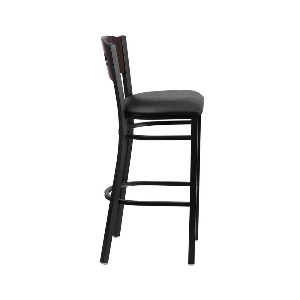 Black 3 Circle Back Metal Restaurant Barstool - Walnut Wood Back, Black Vinyl Seat