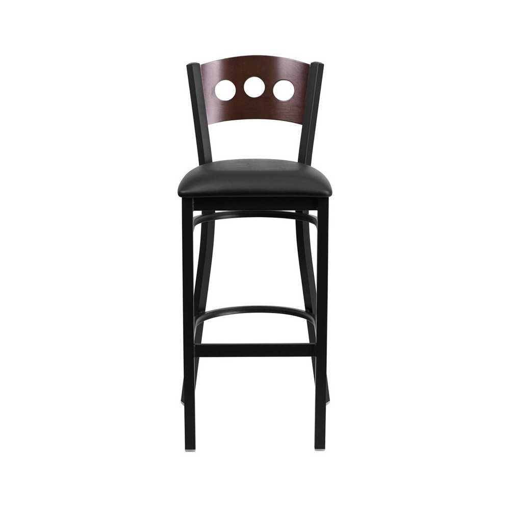 Black 3 Circle Back Metal Restaurant Barstool - Walnut Wood Back, Black Vinyl Seat