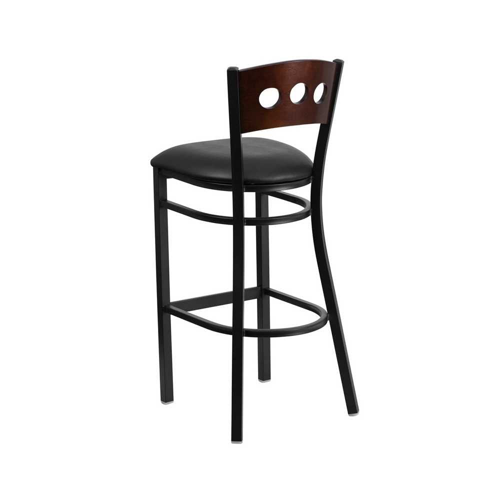 Black 3 Circle Back Metal Restaurant Barstool - Walnut Wood Back, Black Vinyl Seat