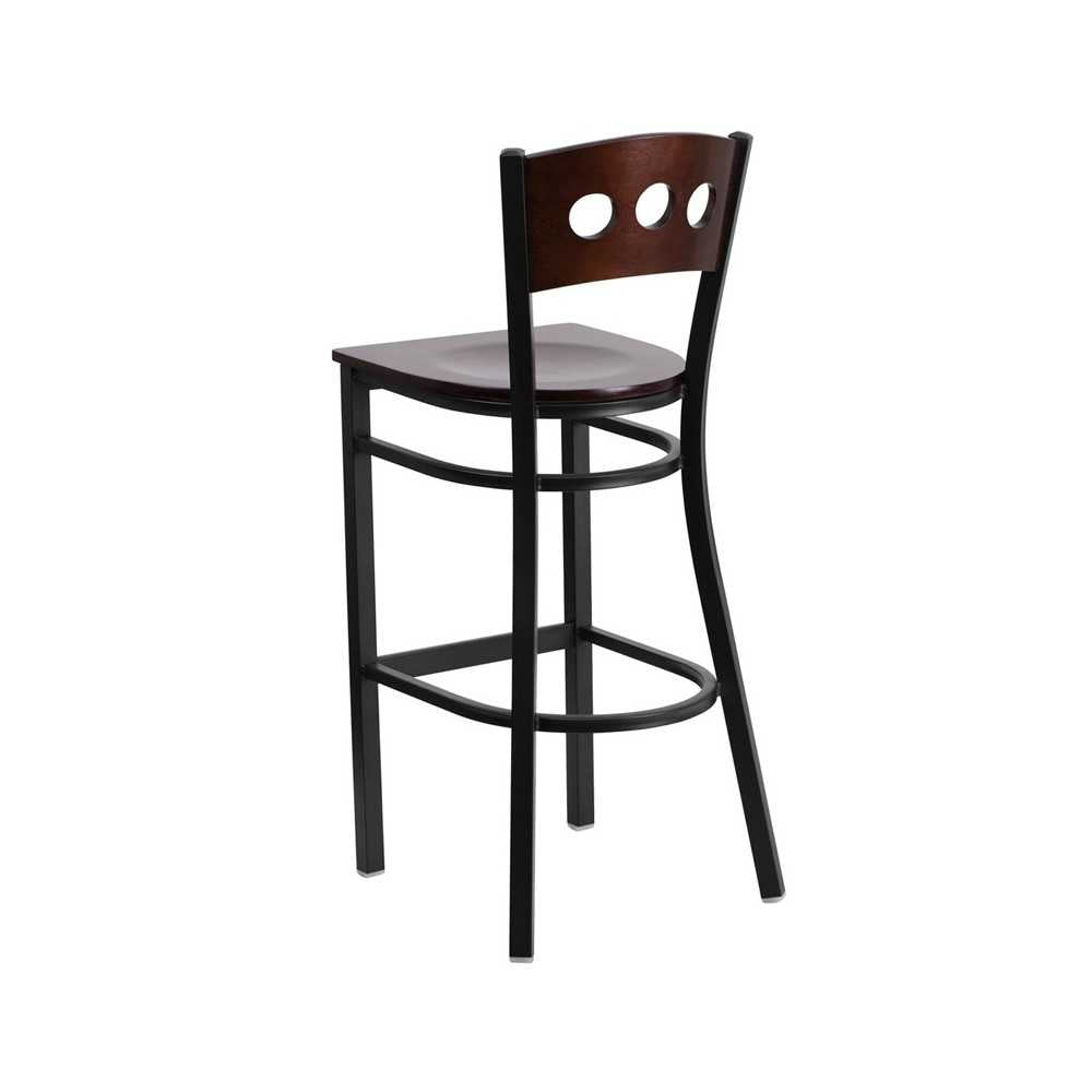 Black 3 Circle Back Metal Restaurant Barstool - Walnut Wood Back & Seat