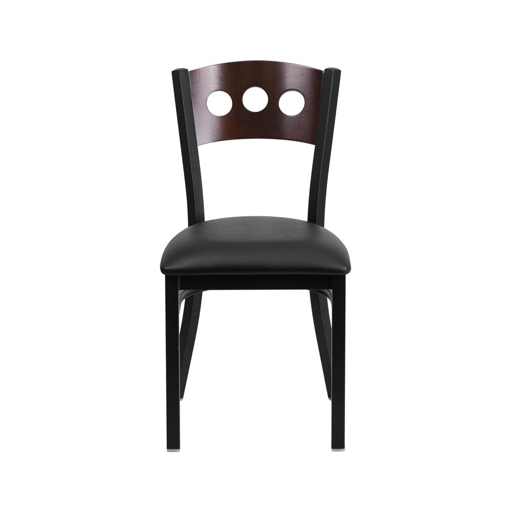 Black 3 Circle Back Metal Restaurant Chair - Walnut Wood Back, Black Vinyl Seat