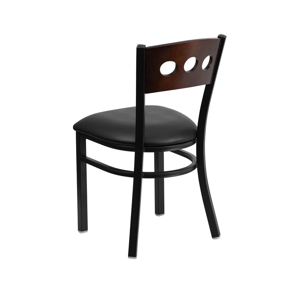 Black 3 Circle Back Metal Restaurant Chair - Walnut Wood Back, Black Vinyl Seat