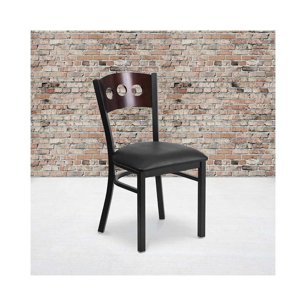 Black 3 Circle Back Metal Restaurant Chair - Walnut Wood Back, Black Vinyl Seat