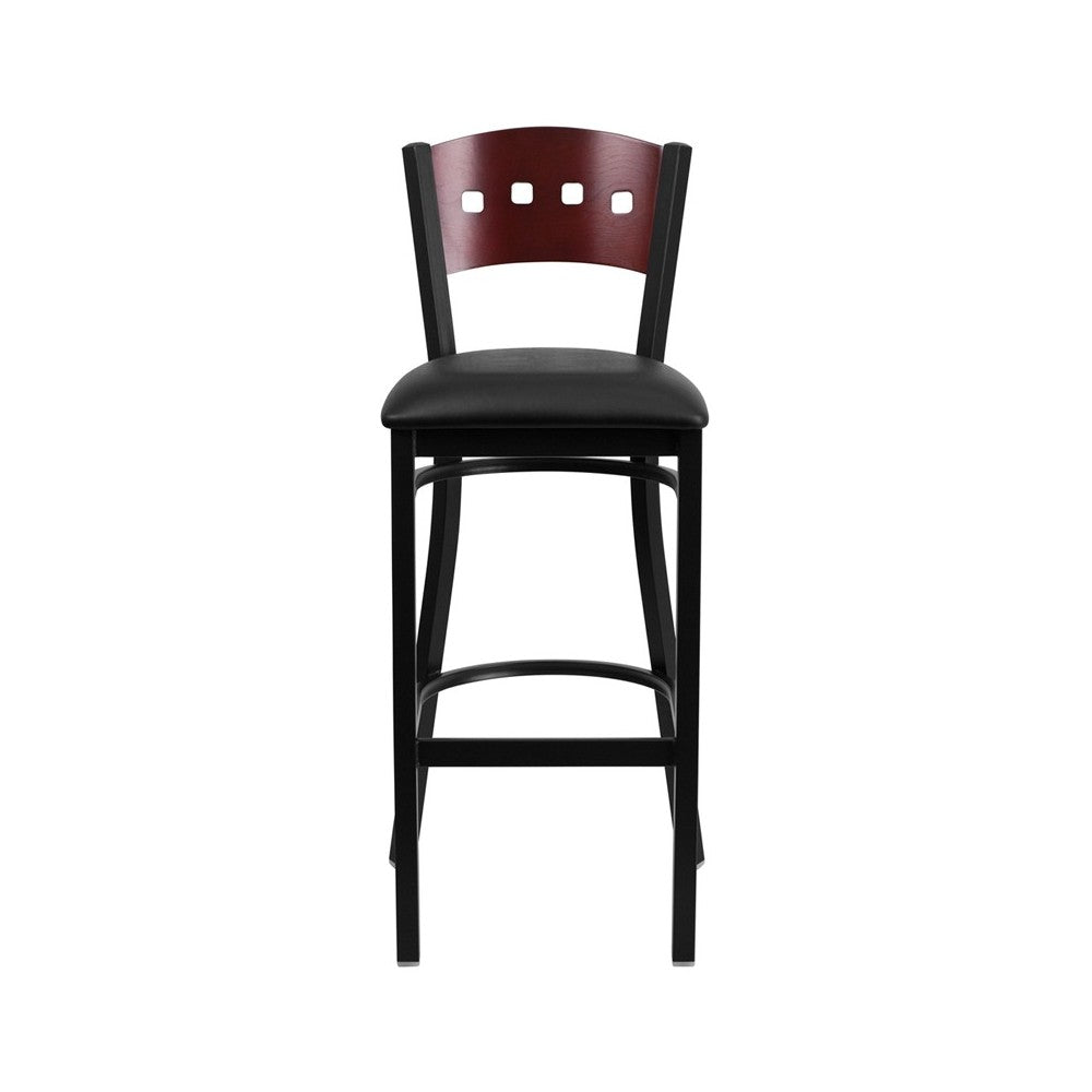 Black 4 Square Back Metal Restaurant Barstool - Mahogany Wood Back, Black Vinyl Seat
