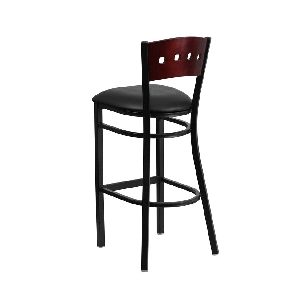 Black 4 Square Back Metal Restaurant Barstool - Mahogany Wood Back, Black Vinyl Seat
