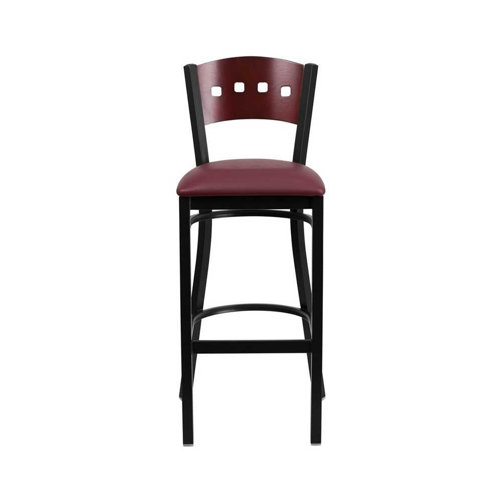Black 4 Square Back Metal Restaurant Barstool - Mahogany Wood Back, Burgundy Vinyl Seat