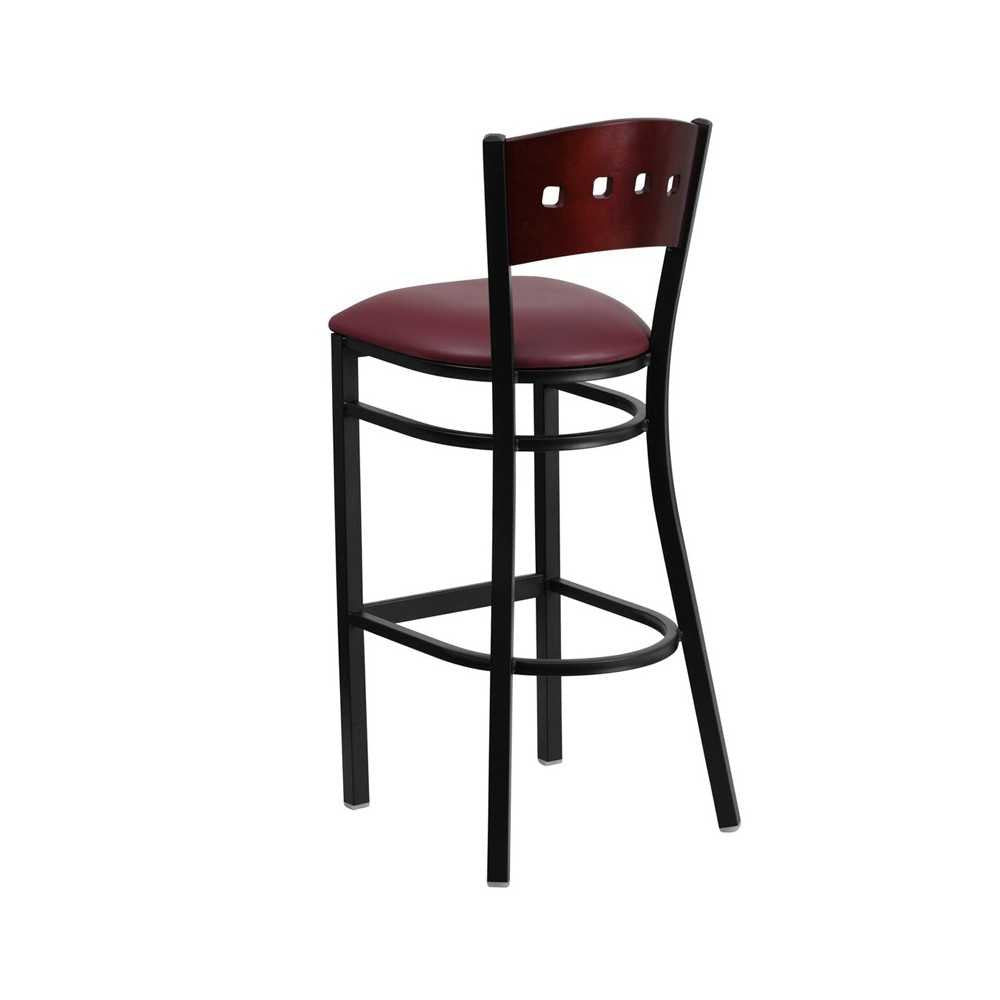 Black 4 Square Back Metal Restaurant Barstool - Mahogany Wood Back, Burgundy Vinyl Seat