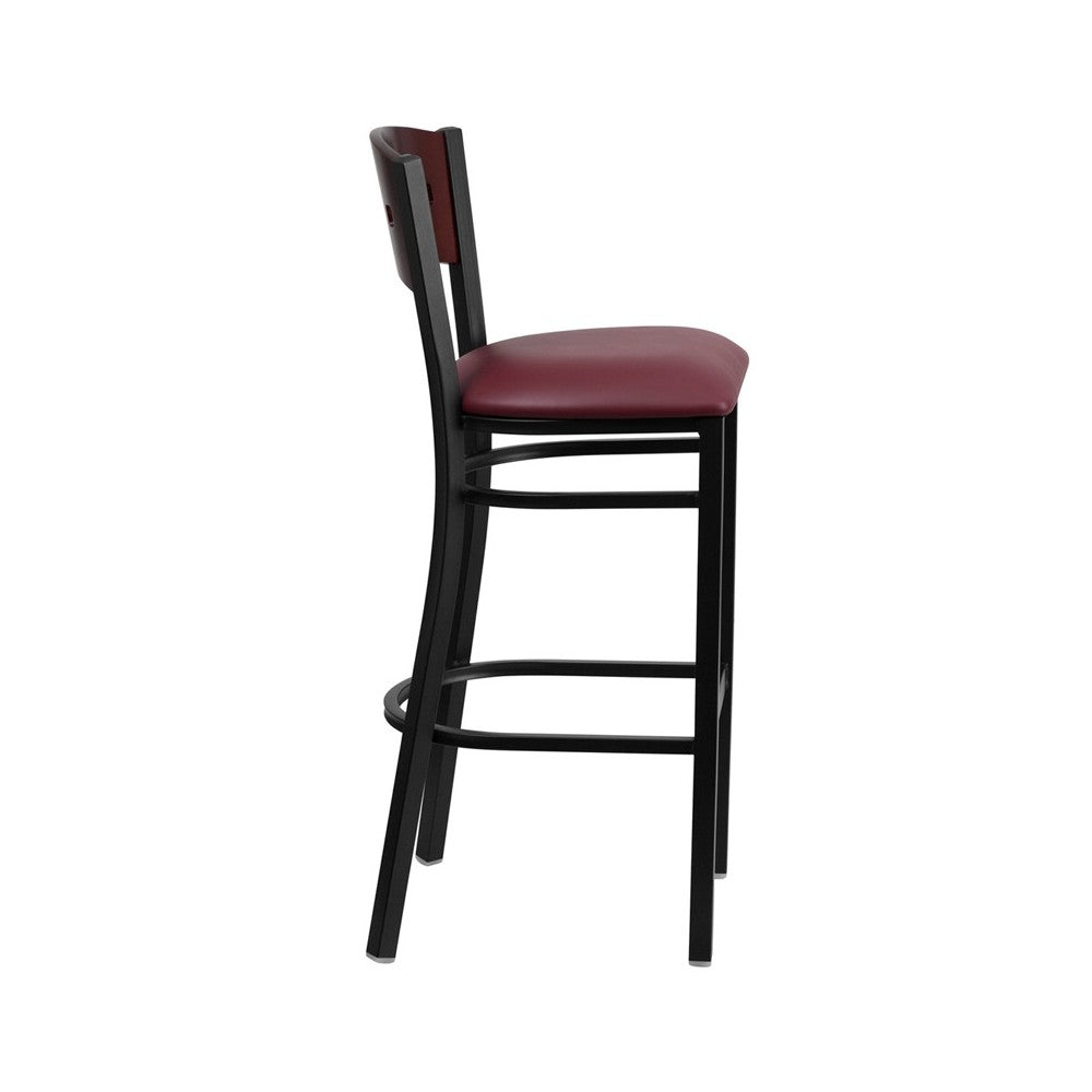 Black 4 Square Back Metal Restaurant Barstool - Mahogany Wood Back, Burgundy Vinyl Seat