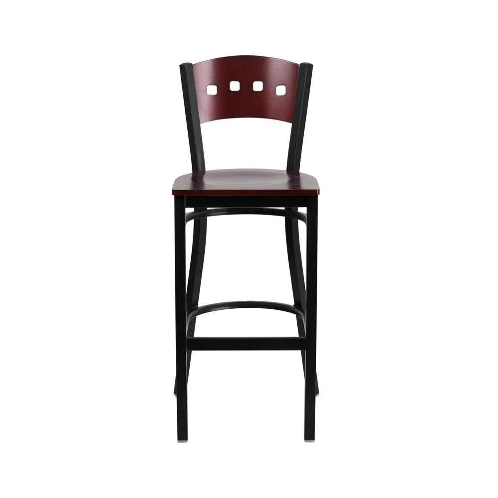 Black 4 Square Back Metal Restaurant Barstool - Mahogany Wood Back & Seat