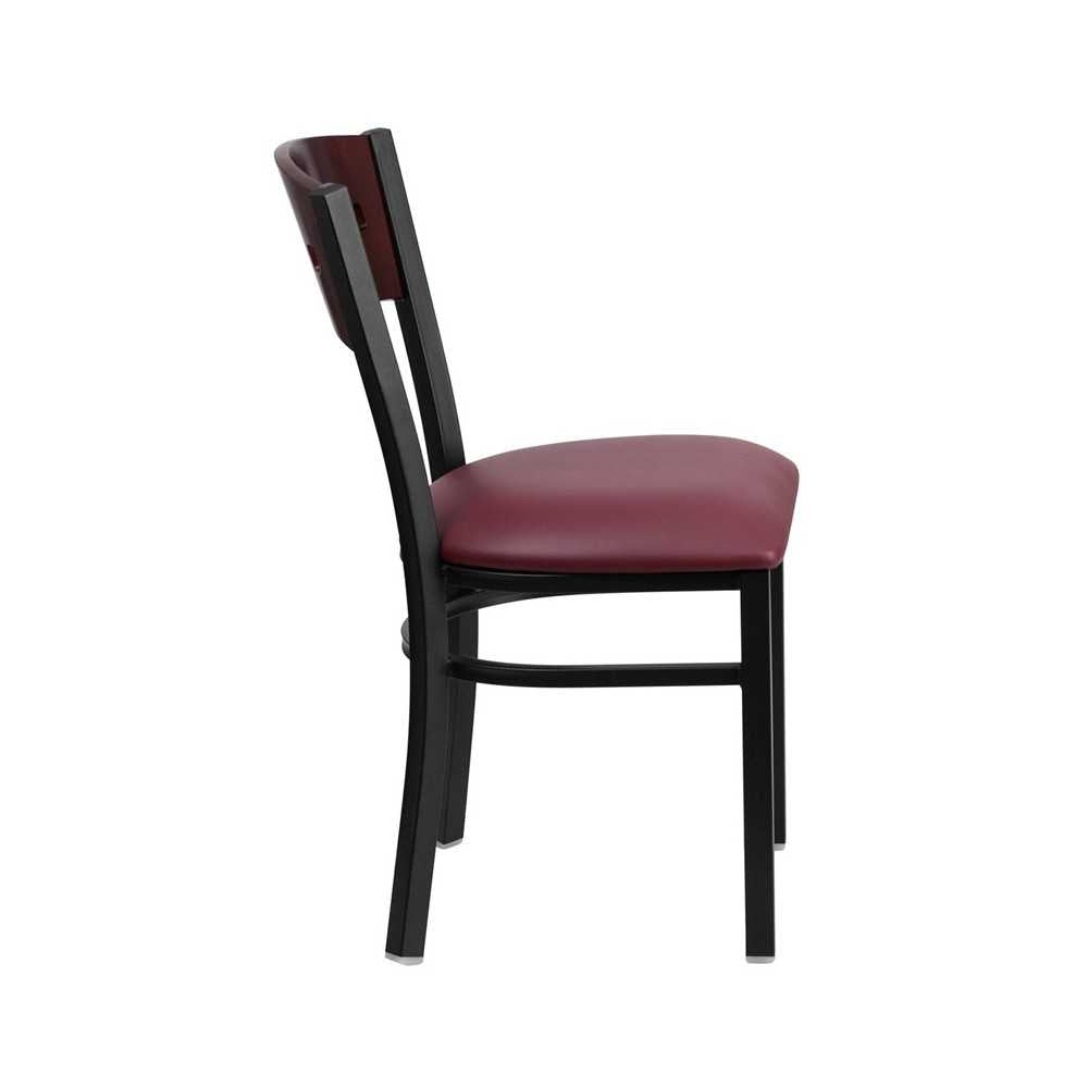 Black 4 Square Back Metal Restaurant Chair - Mahogany Wood Back, Burgundy Vinyl Seat