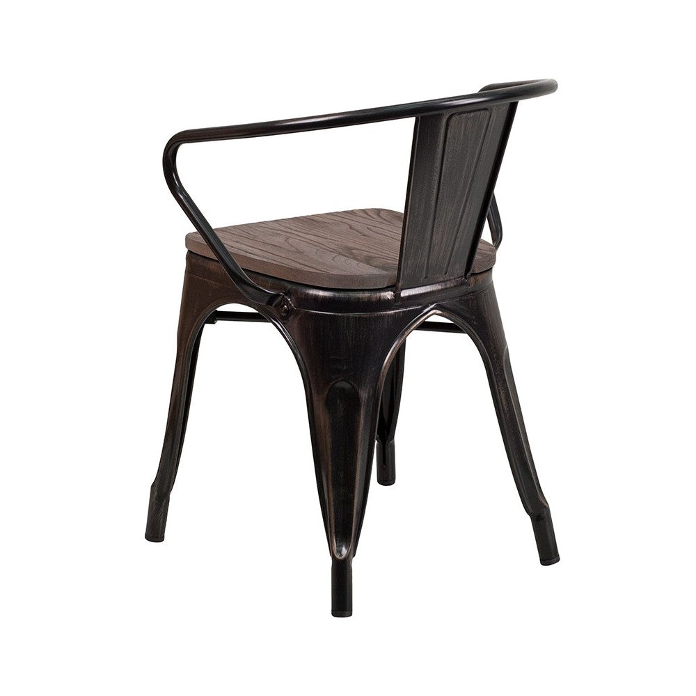 Black-Antique Gold Metal Chair with Wood Seat and Arms
