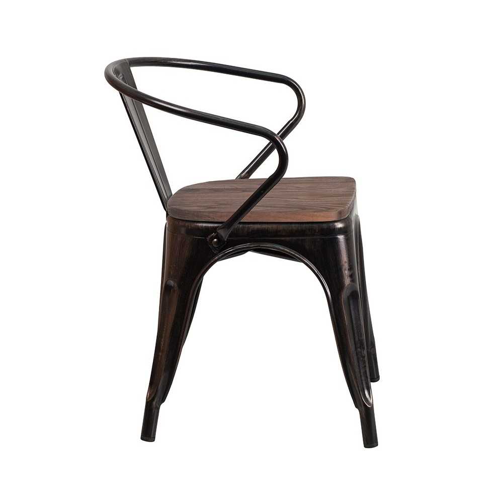 Black-Antique Gold Metal Chair with Wood Seat and Arms