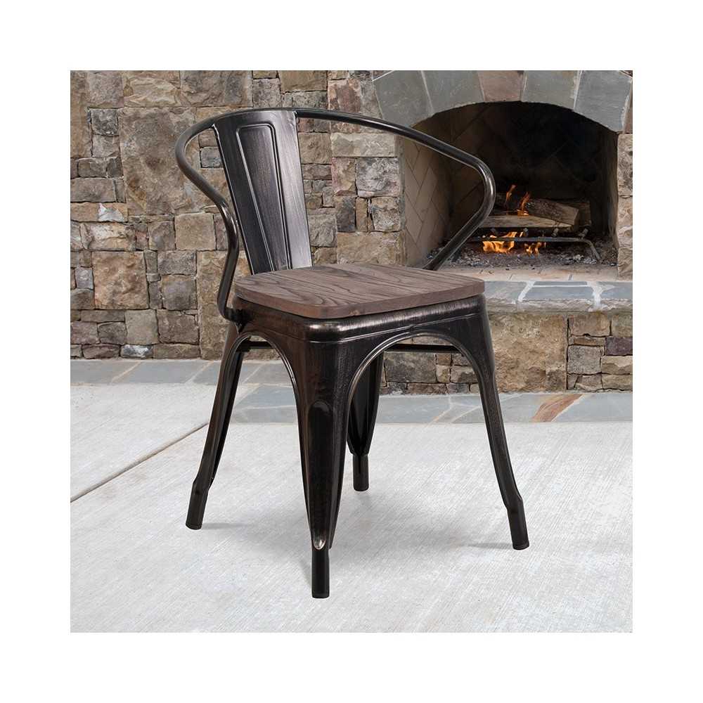 Black-Antique Gold Metal Chair with Wood Seat and Arms