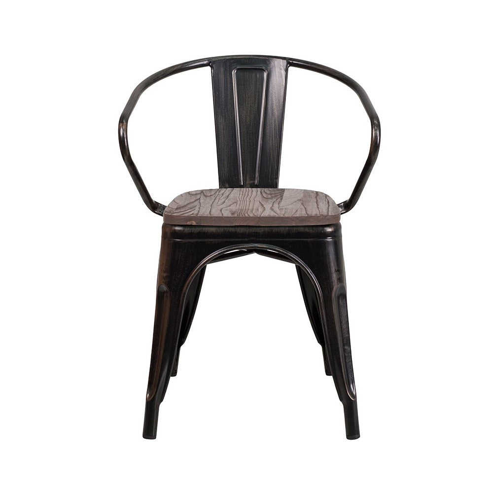 Black-Antique Gold Metal Chair with Wood Seat and Arms