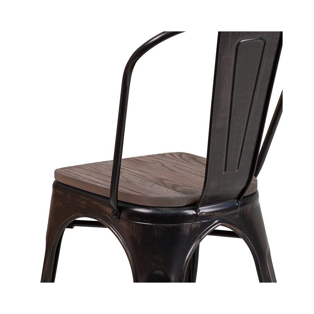 Black-Antique Gold Metal Stackable Chair with Wood Seat