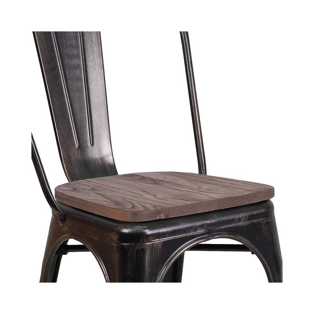 Black-Antique Gold Metal Stackable Chair with Wood Seat