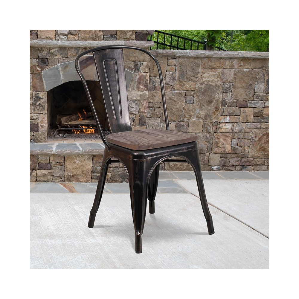 Black-Antique Gold Metal Stackable Chair with Wood Seat