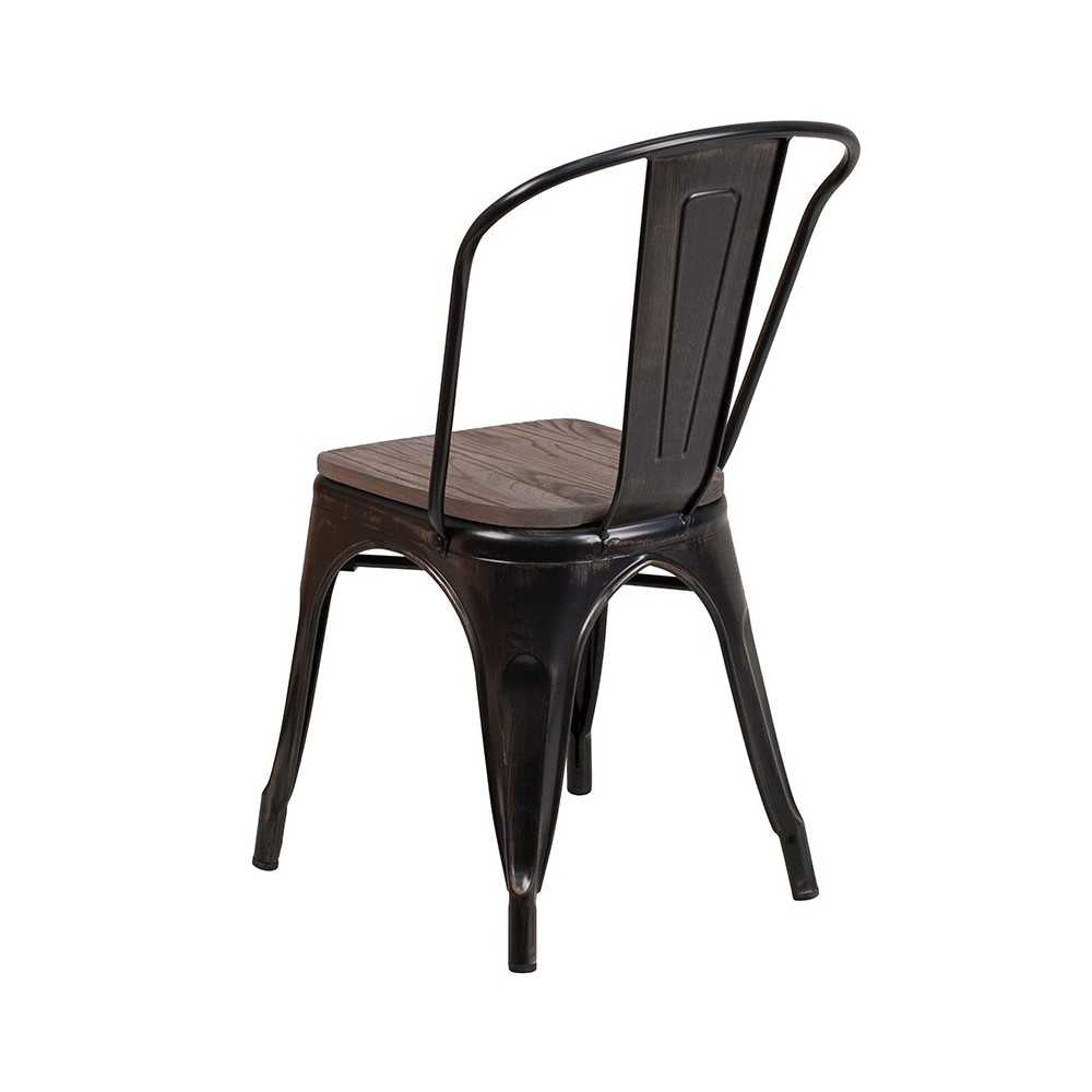 Black-Antique Gold Metal Stackable Chair with Wood Seat