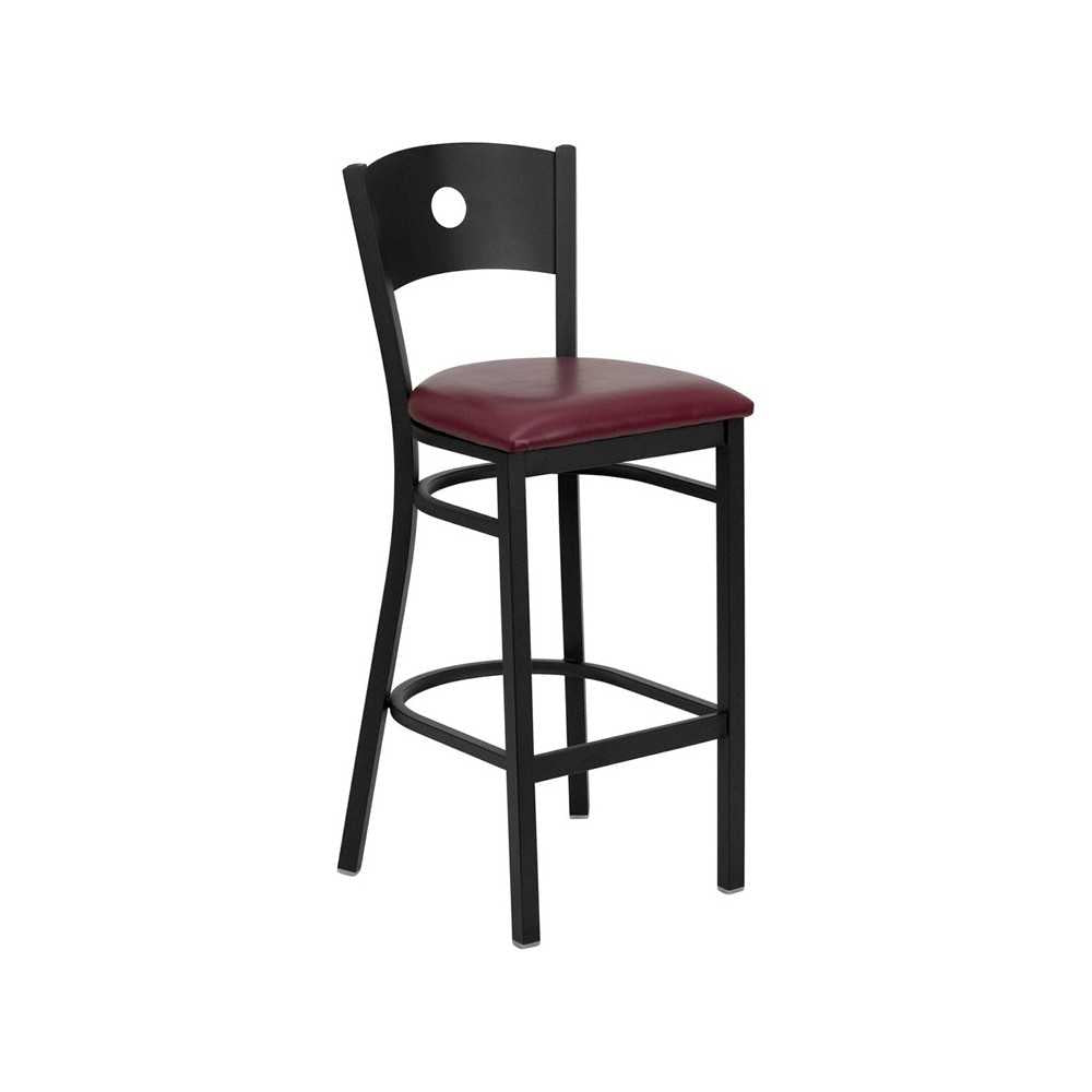 Black Circle Back Metal Restaurant Barstool - Burgundy Vinyl Seat