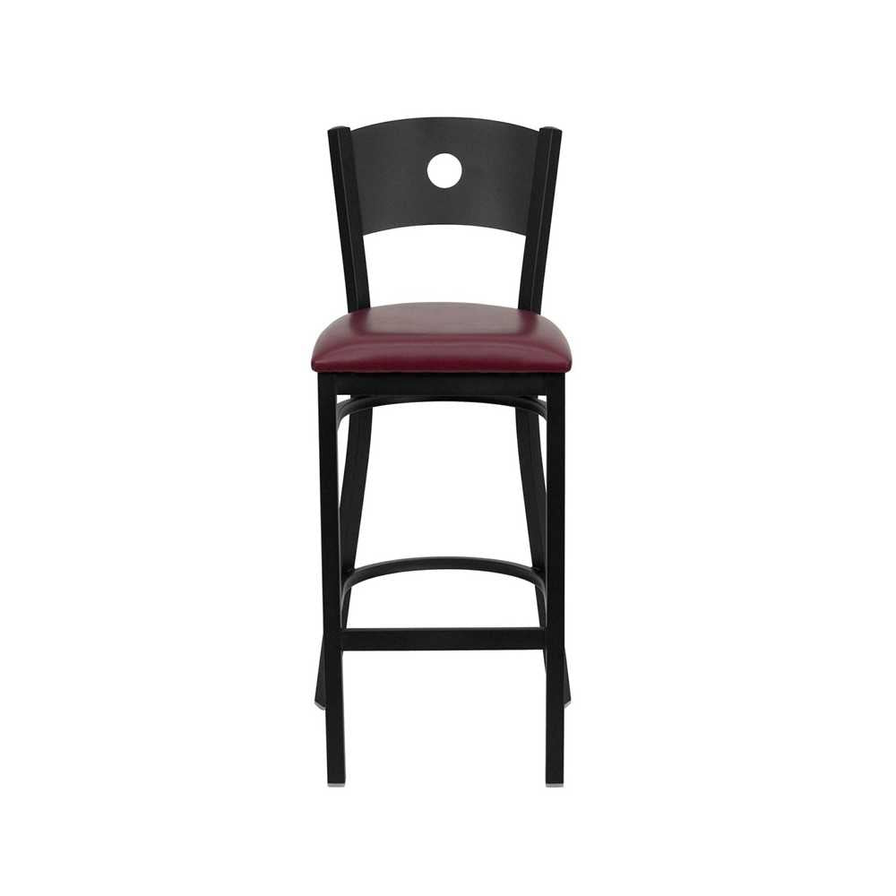 Black Circle Back Metal Restaurant Barstool - Burgundy Vinyl Seat