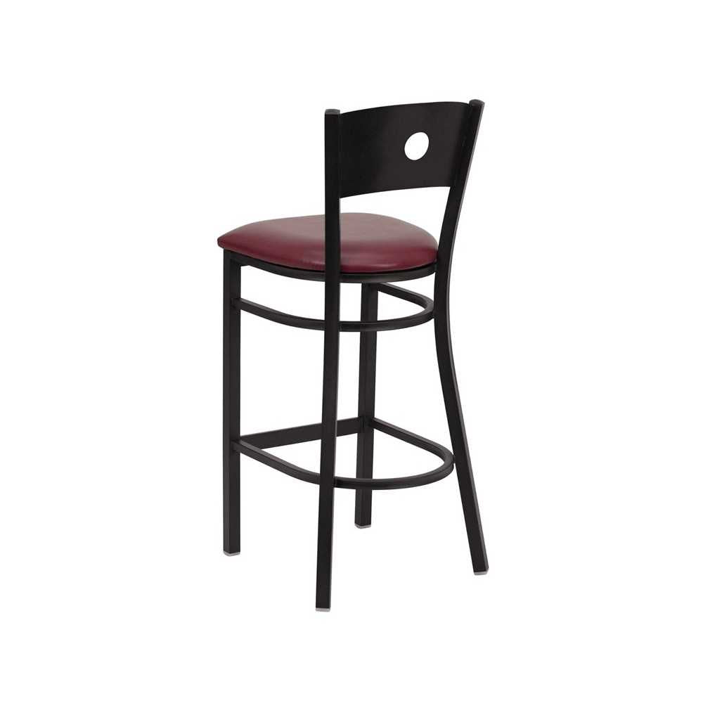Black Circle Back Metal Restaurant Barstool - Burgundy Vinyl Seat