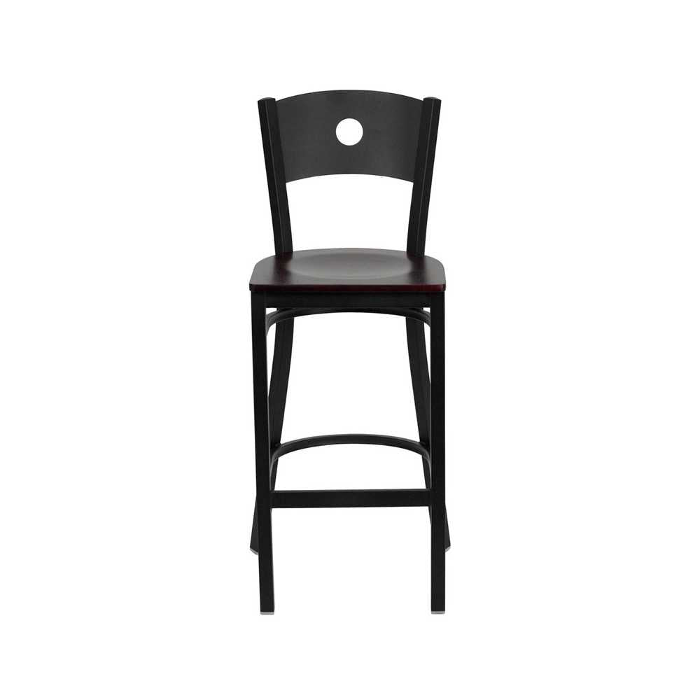 Black Circle Back Metal Restaurant Barstool - Mahogany Wood Seat