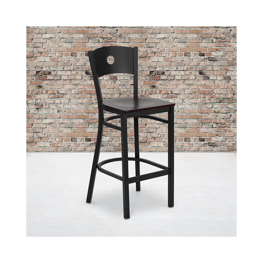 Black Circle Back Metal Restaurant Barstool - Mahogany Wood Seat