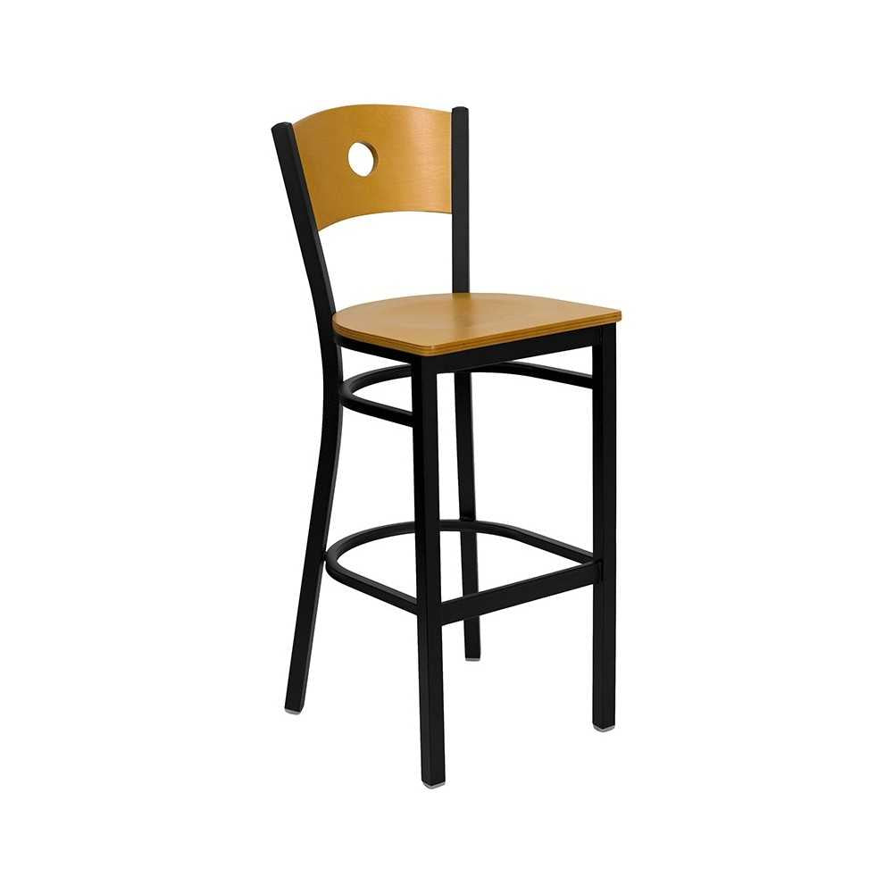 Black Circle Back Metal Restaurant Barstool - Natural Wood Back & Seat