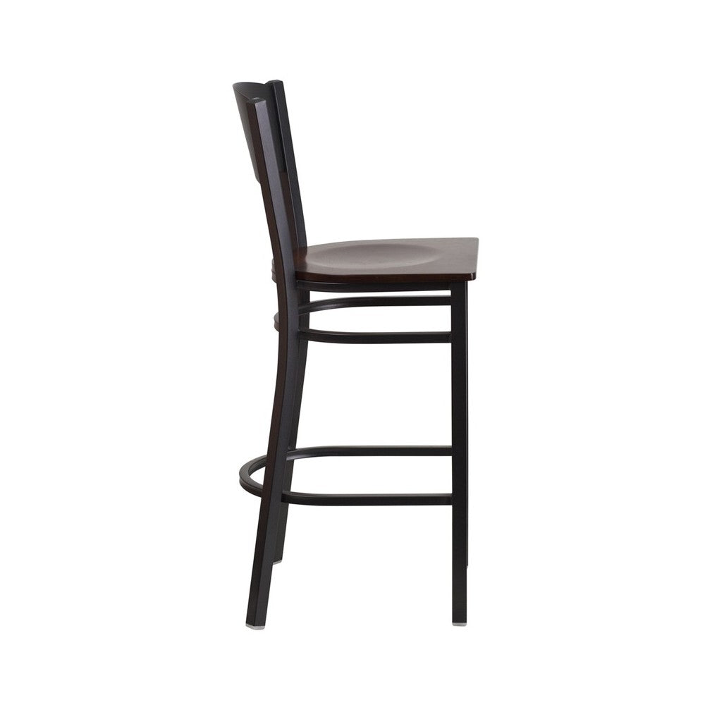 Black Circle Back Metal Restaurant Barstool - Walnut Wood Seat